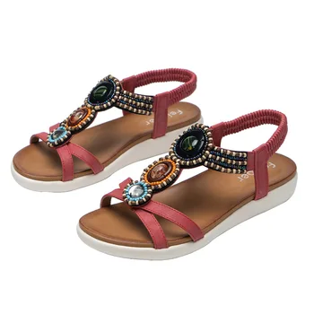 Богемные женские босоножки в этническом стиле, нескользящие, расшитые бисером, на плоской подошве на низком каблуке с открытым носком, Пляжные сандалии, Красные