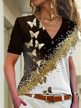 Летняя Новая Женская футболка с 3D цветочным принтом, Блузка с V-образным вырезом и коротким рукавом, Модные Футболки Больших Размеров Для женской одежды Y2k, Женская футболка