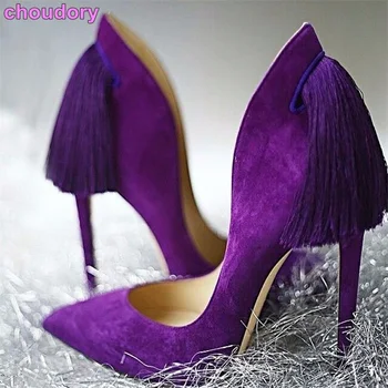 новинка, женские фиолетово-желтые замшевые туфли-лодочки, супертонкие туфли на высоком каблуке с острым носком и кисточками, изящная обувь для вечеринок с бахромой сзади