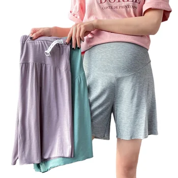 Однотонные Шорты для беременных с Регулируемой талией, Высокой Талией, Широкими Штанинами, Модальные Короткие брюки Для Беременных, Свободные Повседневные брюки