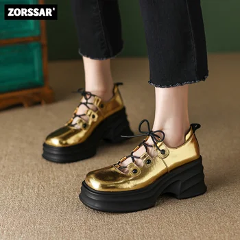 Винтажные женские туфли Mary Jane на высоком каблуке с перекрестными ремешками, 2023, Женские туфли-лодочки на платформе из натуральной кожи, цвета: золотистый, серебристый